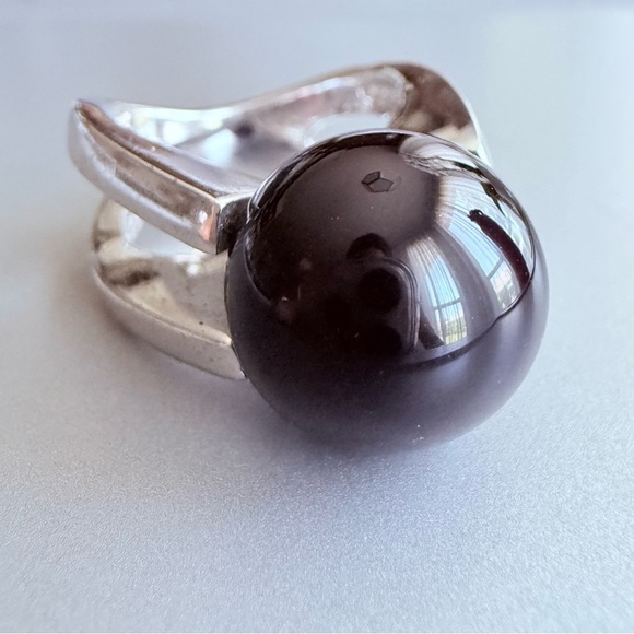 Modernist Black Onyx Sphere Ball Sterling Silver Ring TD Designer - Picture 2 of 15
